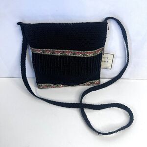 Marlo NWT Floral Embroidered Trim Beaded Fringe Crossbody Bag Square Boho Black